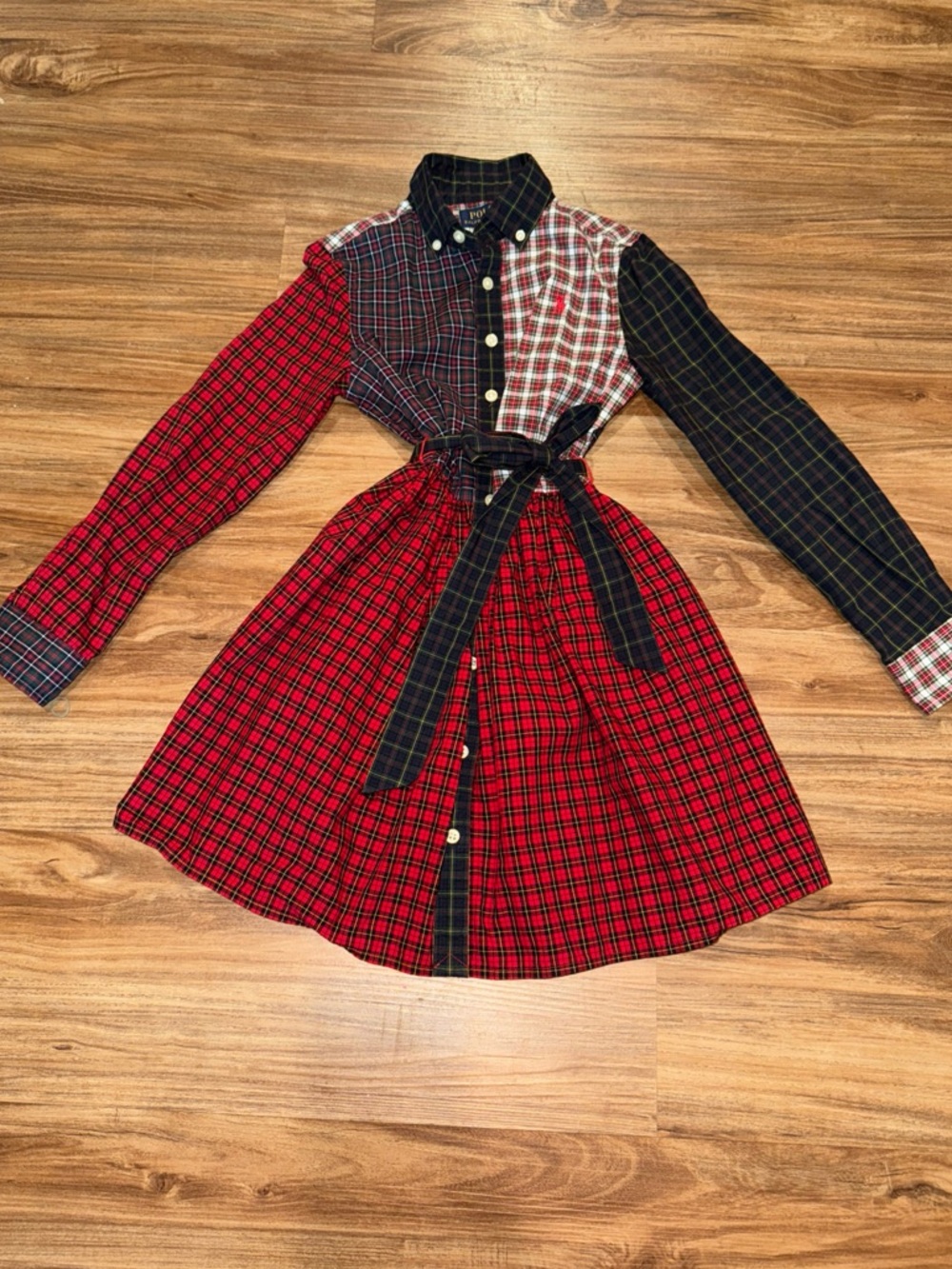 Polo by Ralph Lauren Red, Navy & Black Plaid Patchwork Shirt Dress